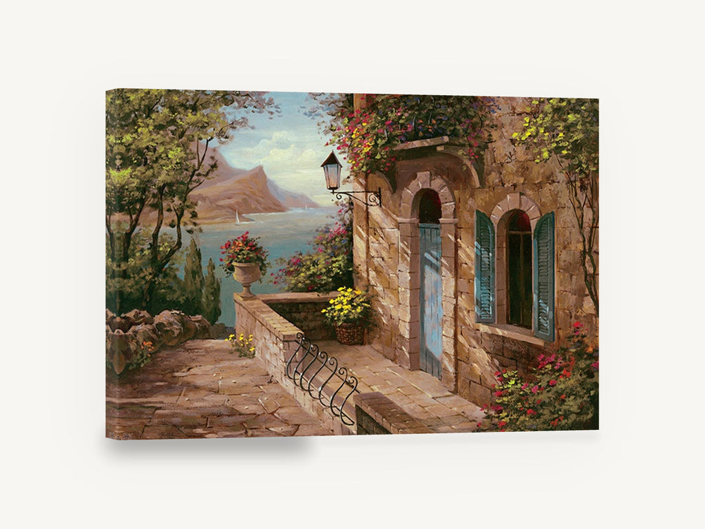 Terrace Above the Bay, amalfi coast terrace seascape painting, coastal canvas wall art print ready to hang