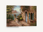 Terrace Above the Bay, amalfi coast terrace seascape painting, coastal canvas wall art print ready to hang