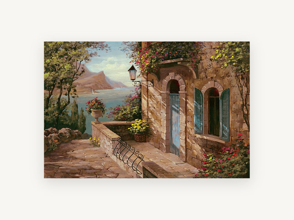 Terrace Above the Bay, coastal canvas wall art print, front view