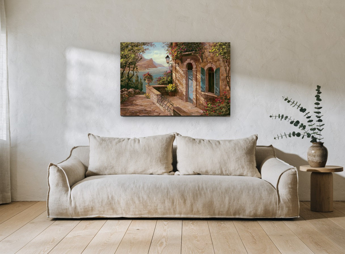 Terrace Above the Bay coastal canvas print on the wall of a living room