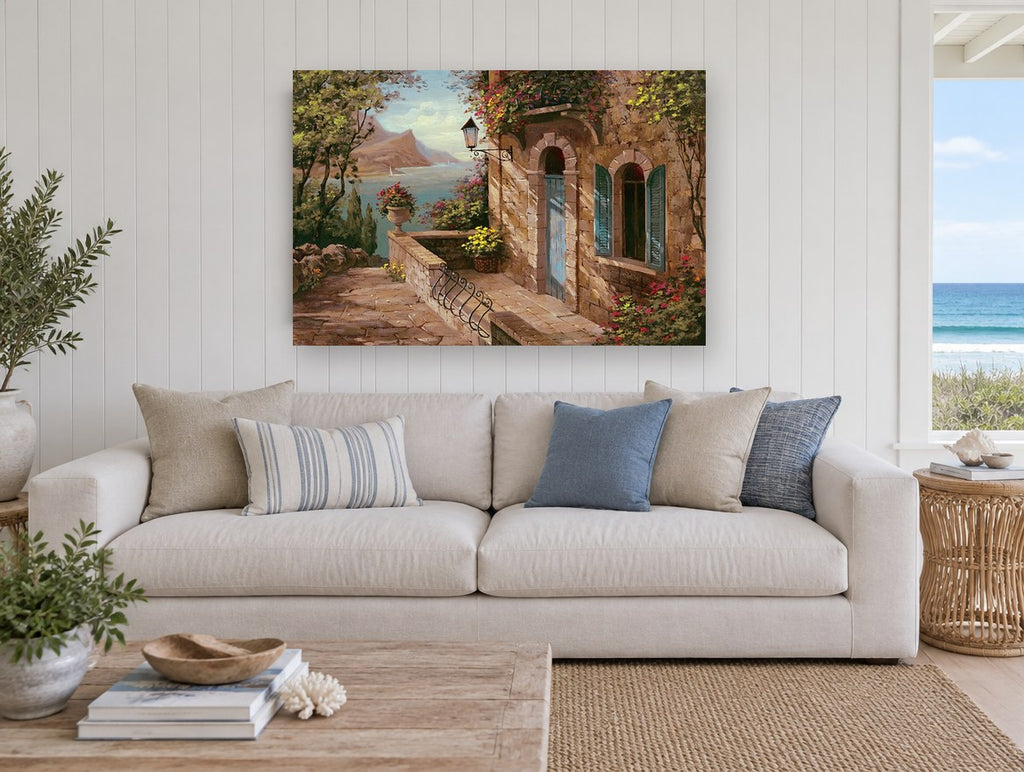 Terrace Above the Bay coastal canvas print on the wall of a beach house living room