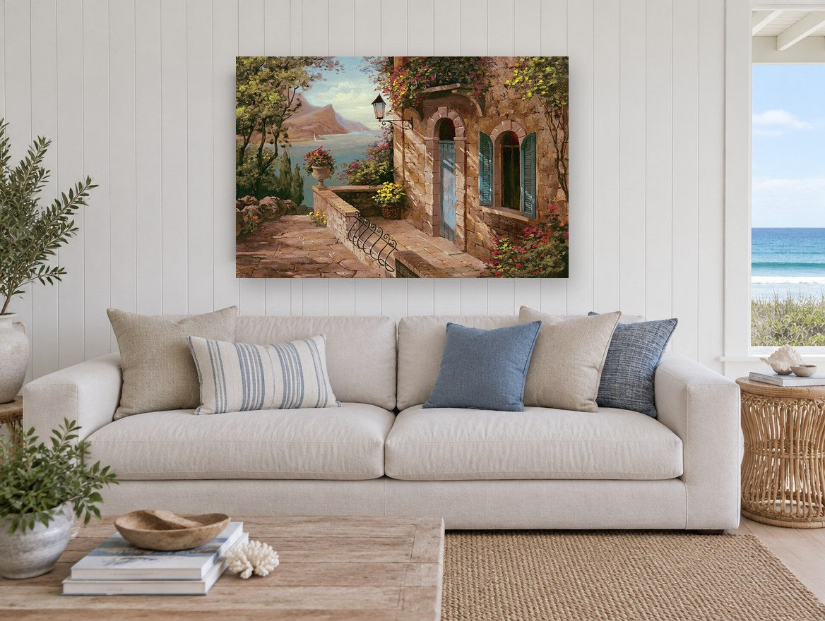 Terrace Above the Bay coastal canvas print on the wall of a beach house living room