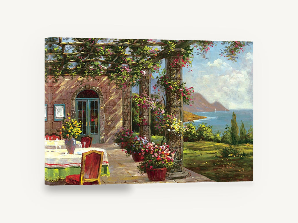 Terrace Above the Bay, amalfi coast terrace seaside scene, coastal canvas wall art print ready to hang