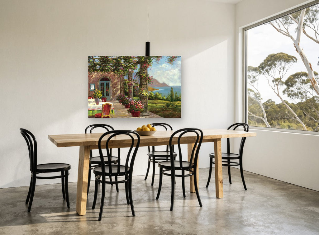 Terrace Above the Bay coastal canvas print on the wall of a dining room