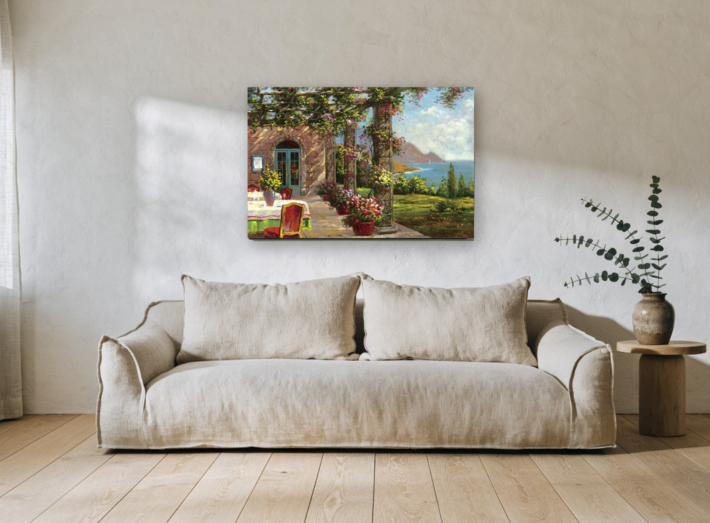 Terrace Above the Bay coastal canvas print on the wall of a living room