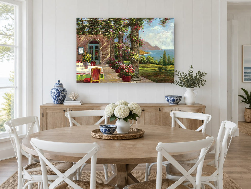 Terrace Above the Bay coastal canvas print on the wall of a Hamptons dining room