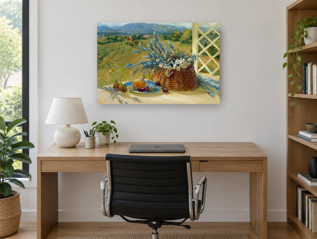 Lavender Basket Terrace floral canvas print on the wall of a study