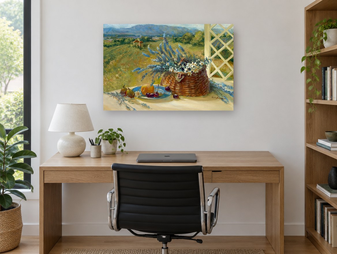 Lavender Basket Terrace floral canvas print on the wall of a study