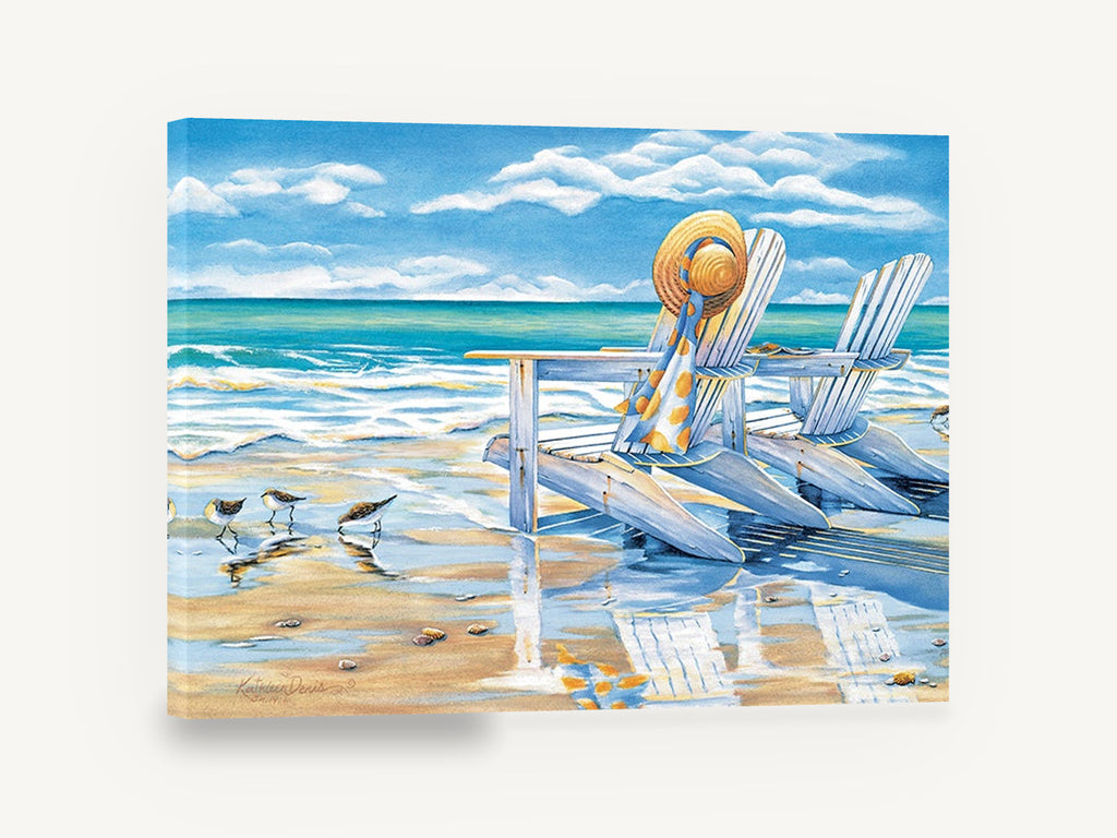 Sandpipers and Beach Chairs, beach chairs sandpipers coastal illustration, coastal canvas wall art print ready to hang