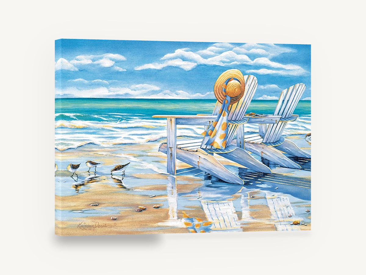 Sandpipers and Beach Chairs, beach chairs sandpipers coastal illustration, coastal canvas wall art print ready to hang
