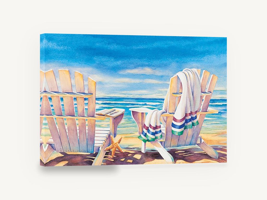 Two Chairs Seaside Rest, beach chairs towels watercolour seascape, coastal canvas wall art print ready to hang