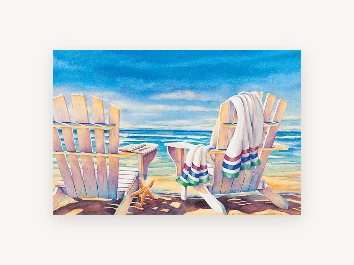 Two Chairs Seaside Rest, coastal canvas wall art print, front view