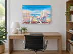 Two Chairs Seaside Rest coastal canvas print on the wall of a study