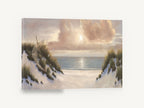 Dune Path Sunburst, sandy dune path sailboat seascape, coastal canvas wall art print ready to hang