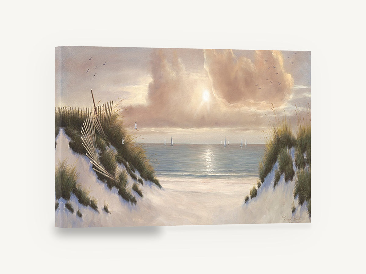 Dune Path Sunburst, sandy dune path sailboat seascape, coastal canvas wall art print ready to hang