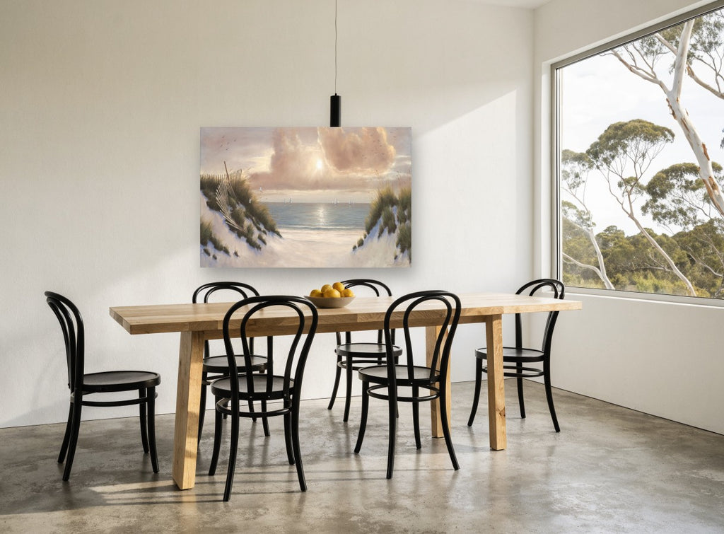 Dune Path Sunburst coastal canvas print on the wall of a dining room