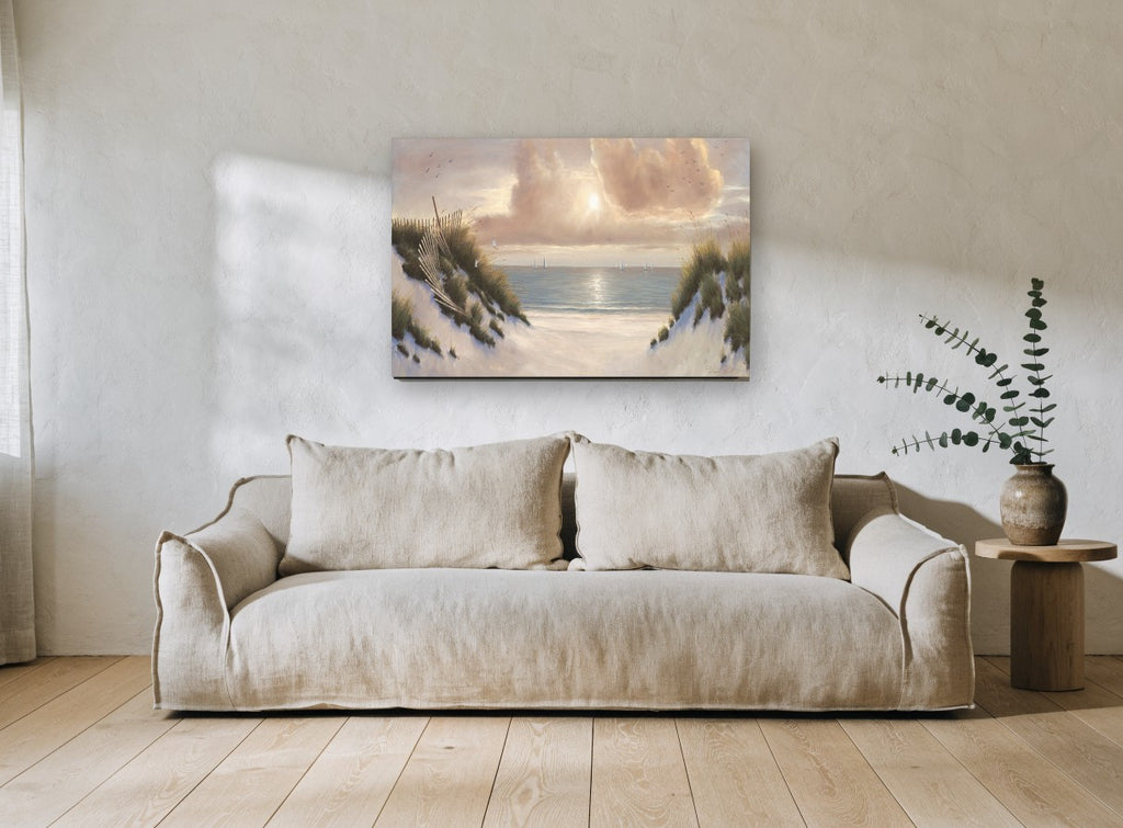 Dune Path Sunburst coastal canvas print on the wall of a living room
