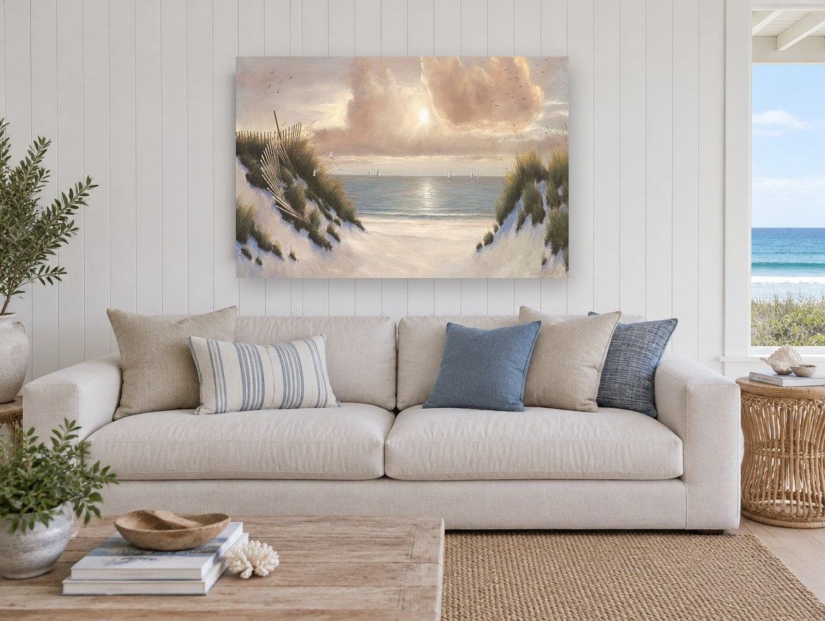 Dune Path Sunburst coastal canvas print on the wall of a beach house living room