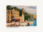 Golden Harbour Sails, sailboats harbour village impressionist painting, coastal canvas wall art print ready to hang