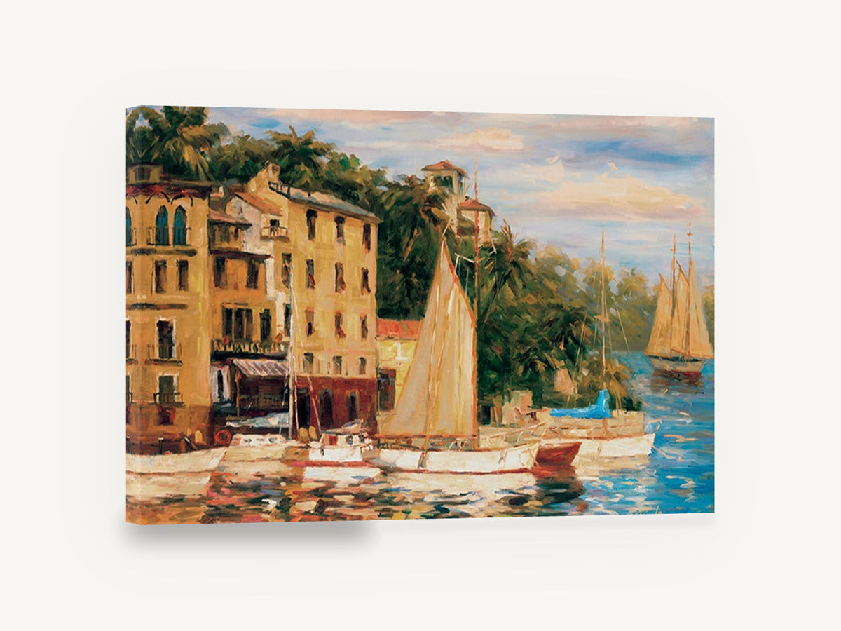 Golden Harbour Sails, sailboats harbour village impressionist painting, coastal canvas wall art print ready to hang