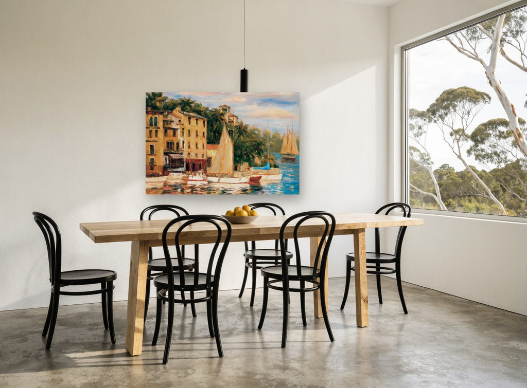 Golden Harbour Sails coastal canvas print on the wall of a dining room