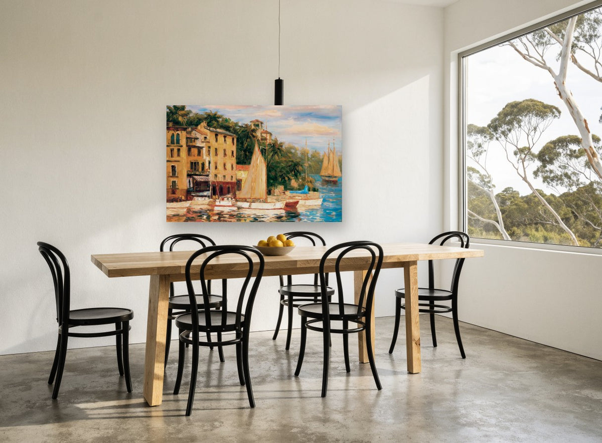 Golden Harbour Sails coastal canvas print on the wall of a dining room