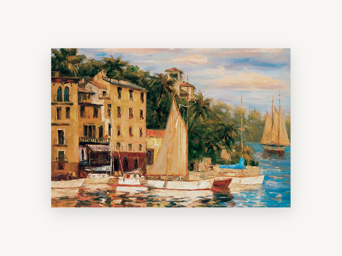 Golden Harbour Sails, coastal canvas wall art print, front view