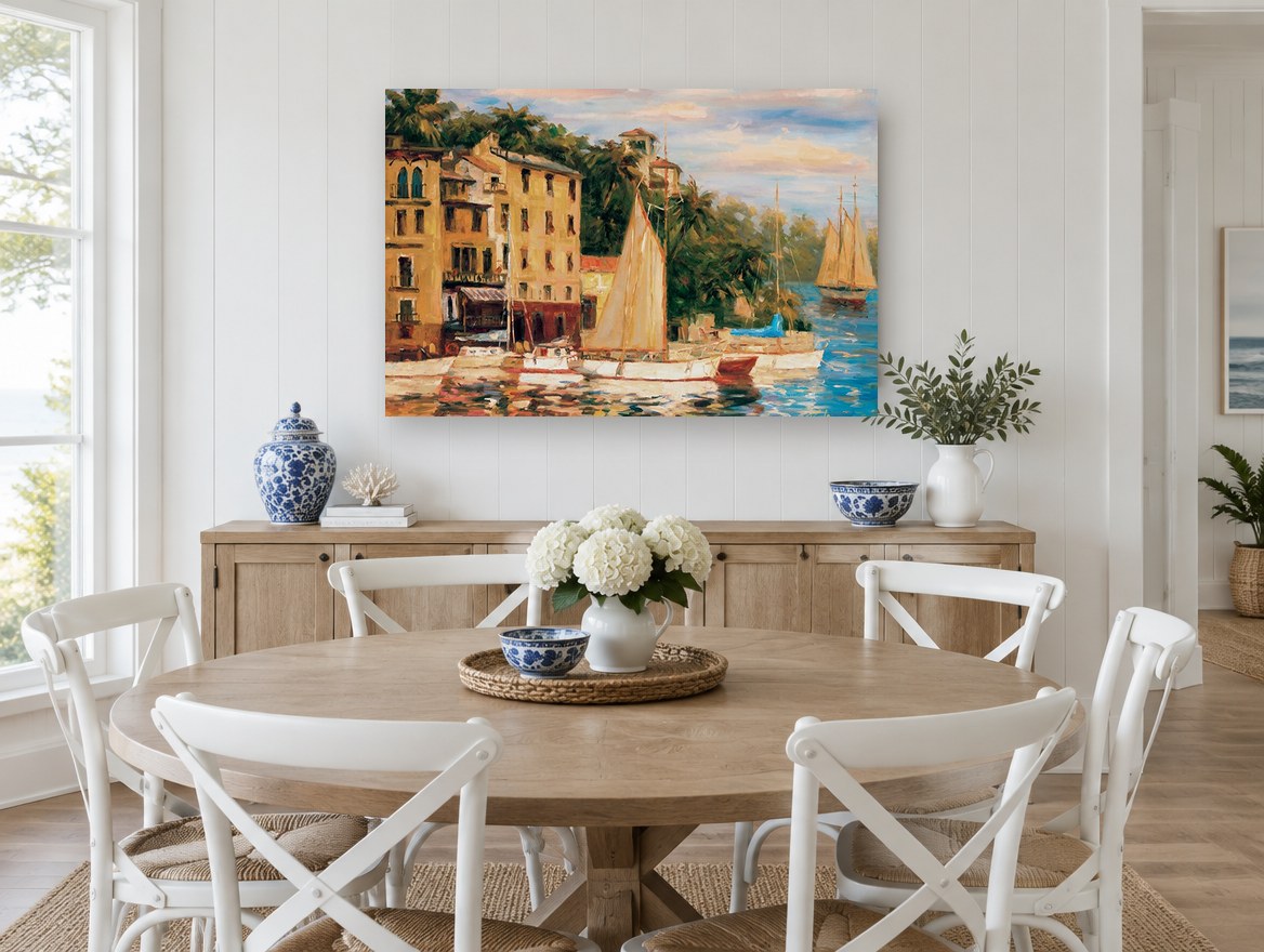 Golden Harbour Sails coastal canvas print on the wall of a Hamptons dining room