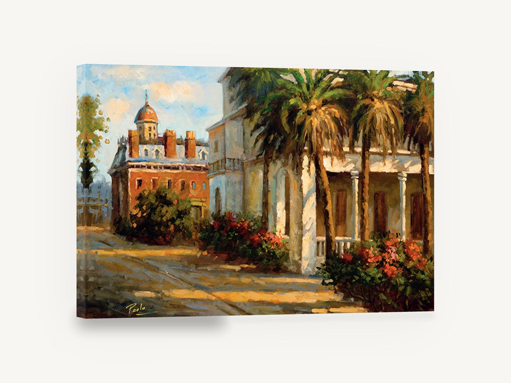 Palm Courtyard Afternoon, palm trees old town street scene, floral canvas wall art print ready to hang