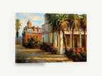 Palm Courtyard Afternoon, palm trees old town street scene, floral canvas wall art print ready to hang