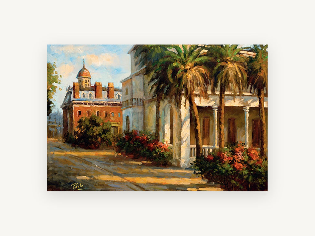 Palm Courtyard Afternoon, floral canvas wall art print, front view