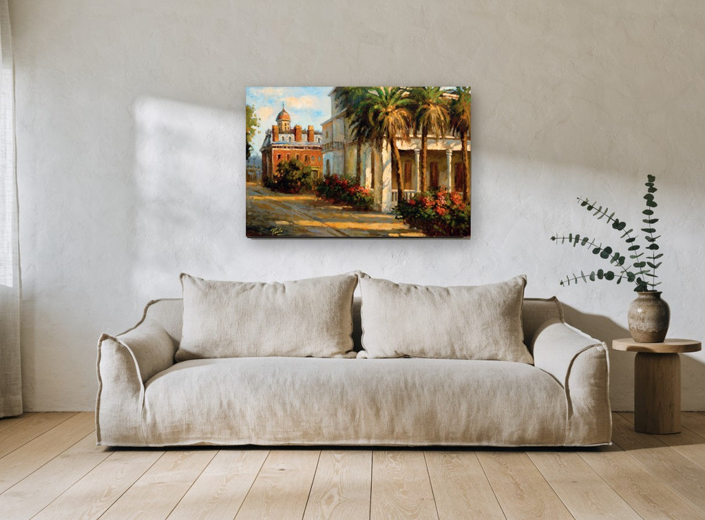 Palm Courtyard Afternoon floral canvas print on the wall of a living room