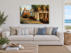 Palm Courtyard Afternoon floral canvas print on the wall of a beach house living room