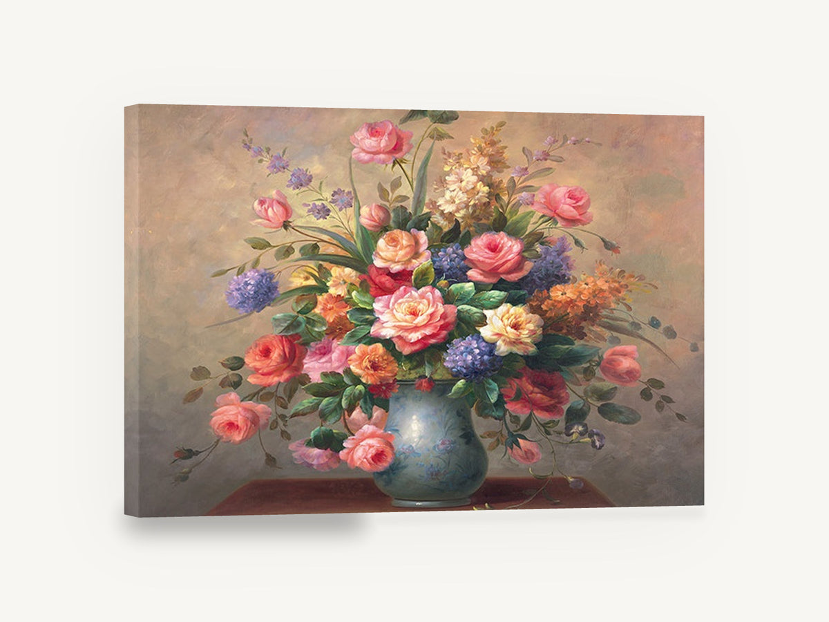 Rose Bouquet in Blue Vase, pink rose bouquet floral still life, floral canvas wall art print ready to hang