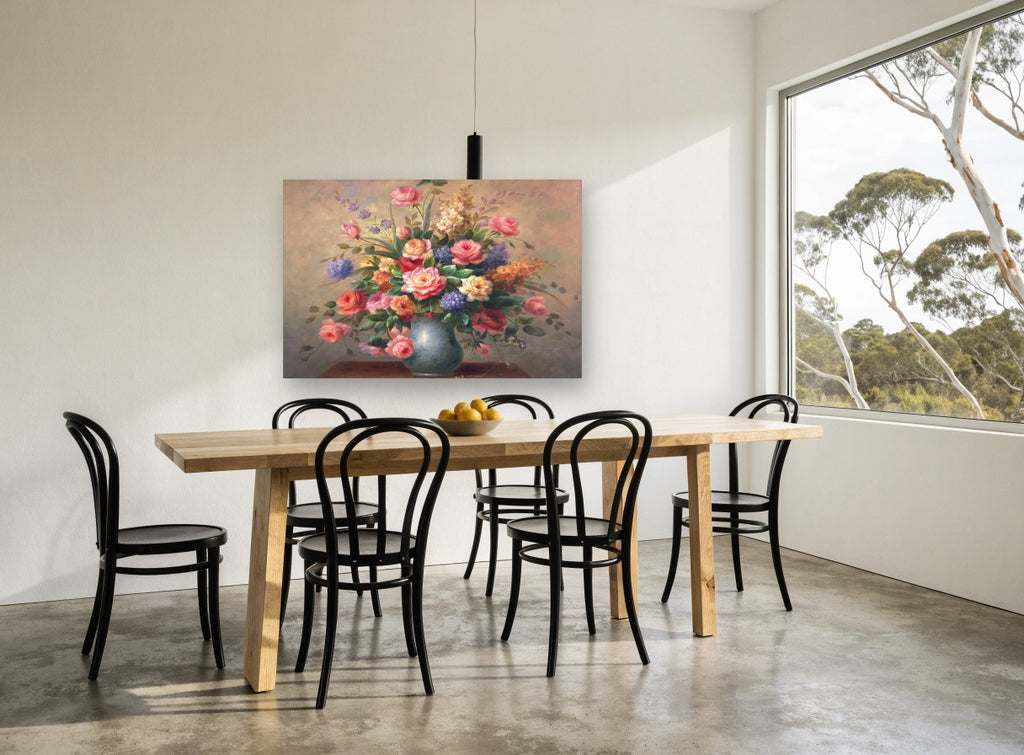Rose Bouquet in Blue Vase floral canvas print on the wall of a dining room
