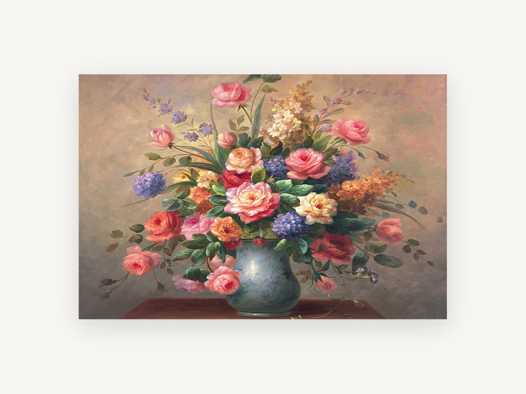 Rose Bouquet in Blue Vase, floral canvas wall art print, front view