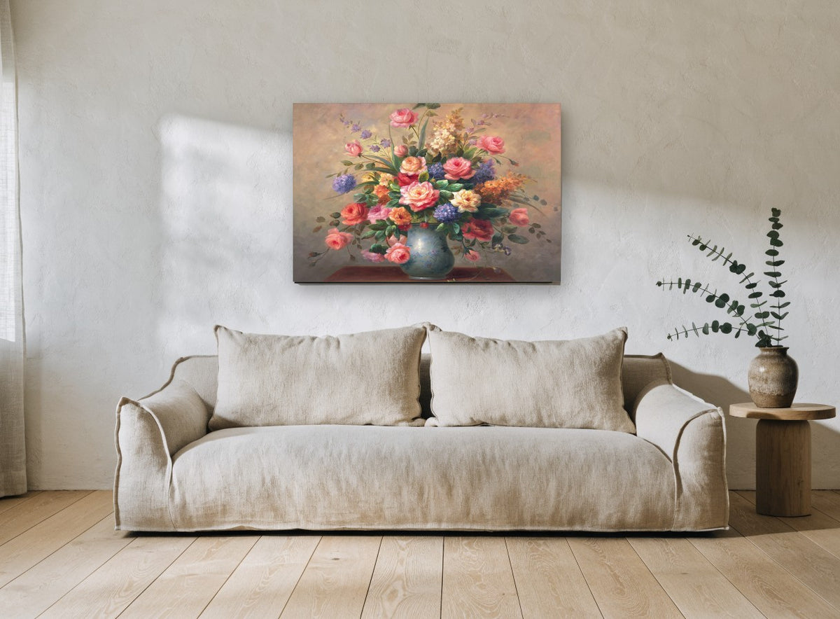 Rose Bouquet in Blue Vase floral canvas print on the wall of a living room