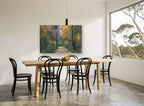 Leaf Strewn Forest Path floral canvas print on the wall of a dining room