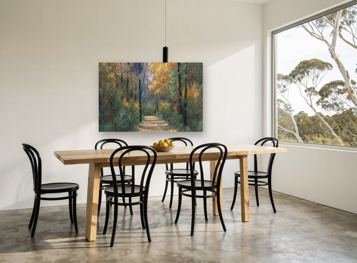 Leaf Strewn Forest Path floral canvas print on the wall of a dining room