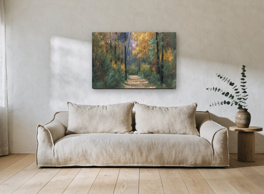 Leaf Strewn Forest Path floral canvas print on the wall of a living room