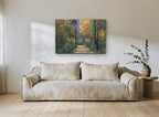 Leaf Strewn Forest Path floral canvas print on the wall of a living room