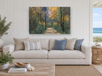 Leaf Strewn Forest Path floral canvas print on the wall of a beach house living room