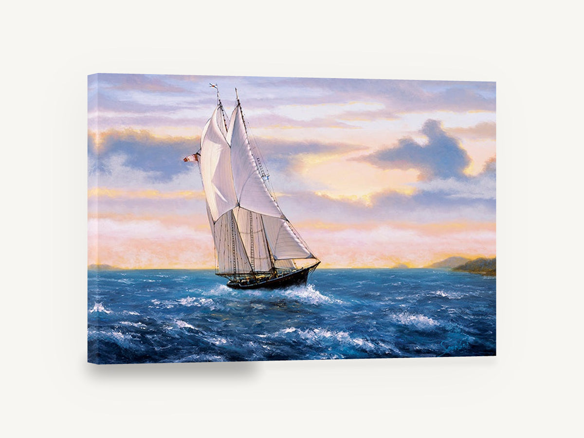 Schooner at Golden Dusk, schooner sailing choppy sea sunset artwork, coastal canvas wall art print ready to hang