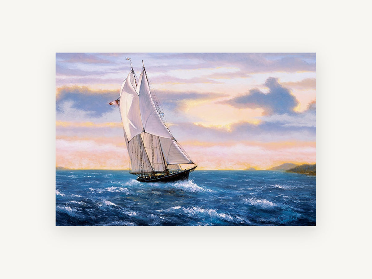Schooner at Golden Dusk, coastal canvas wall art print, front view