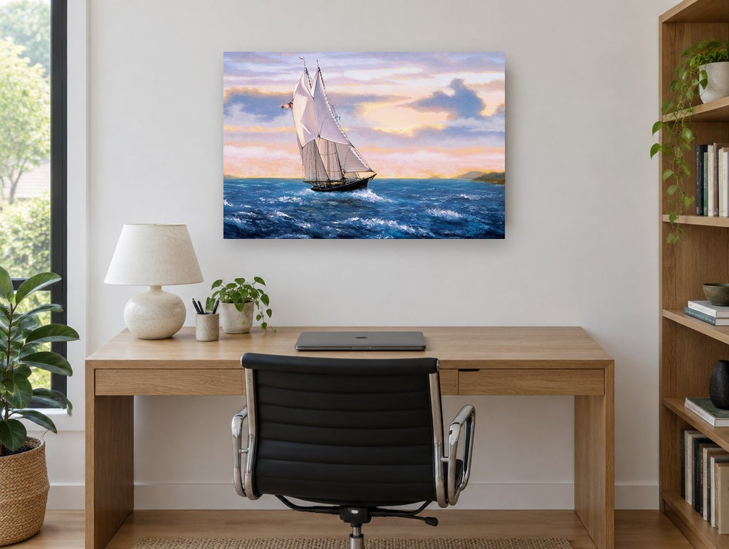 Schooner at Golden Dusk coastal canvas print on the wall of a study