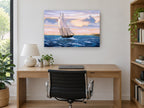 Schooner at Golden Dusk coastal canvas print on the wall of a study