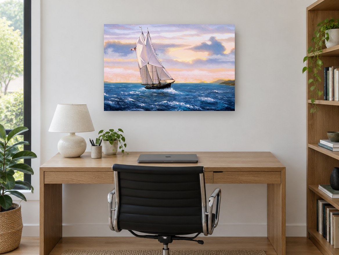 Schooner at Golden Dusk coastal canvas print on the wall of a study