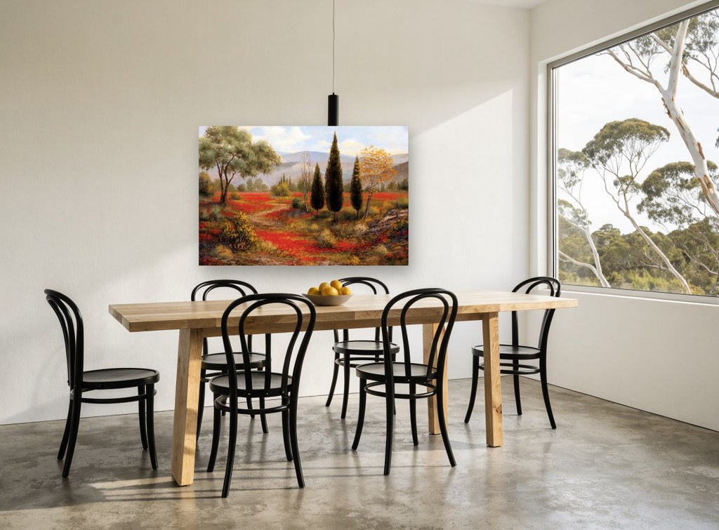 Poppy Field Cypresses floral canvas print on the wall of a dining room