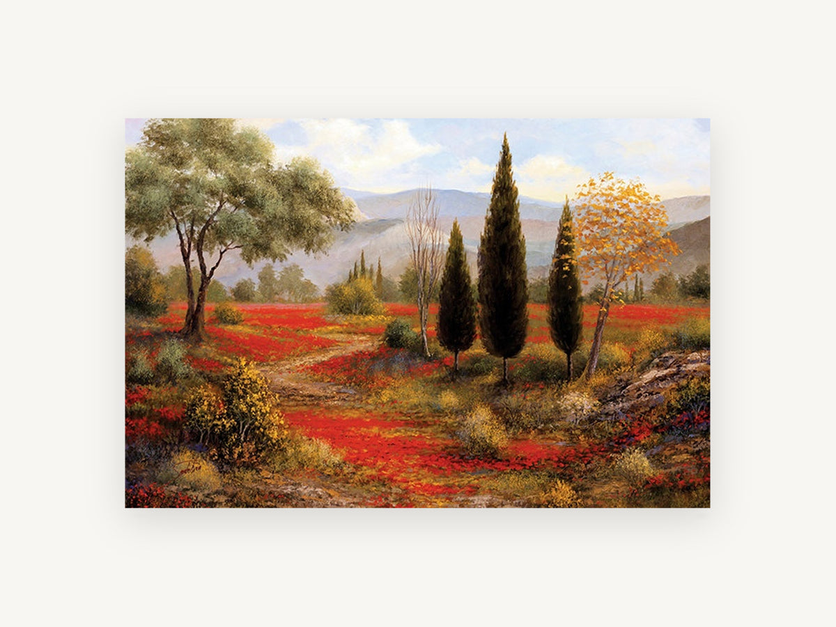 Poppy Field Cypresses, floral canvas wall art print, front view