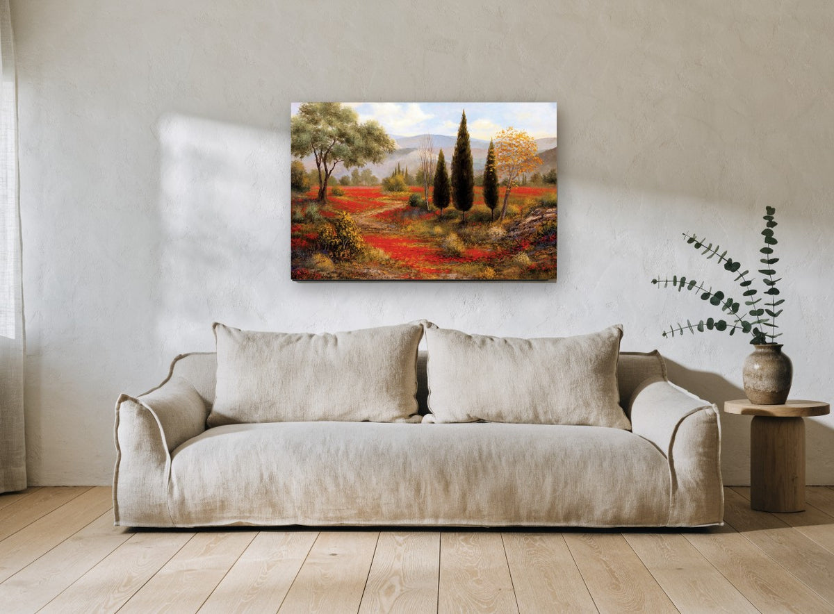 Poppy Field Cypresses floral canvas print on the wall of a living room